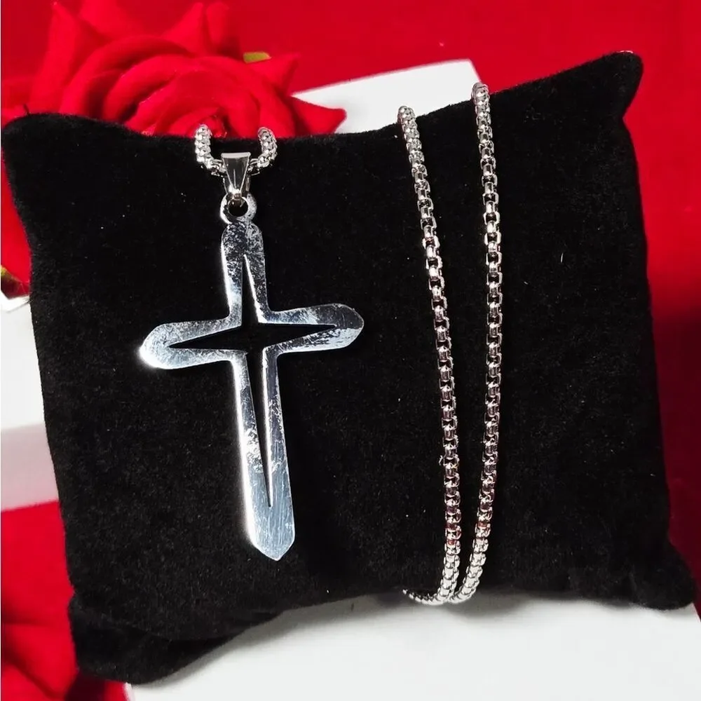 Silver Hollow Cross Pendant Necklace Stainless Steel Unisex Box Chain Jewelry